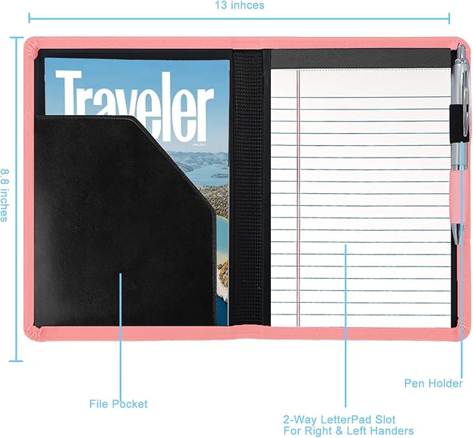 A5 Padfolio Business Portfolio Folder,Junior Size Document Folder Organizer, Padfolio with Interior Pocket and Pen Loop, 5 x 8 Writing Pad Included, Light Pink.