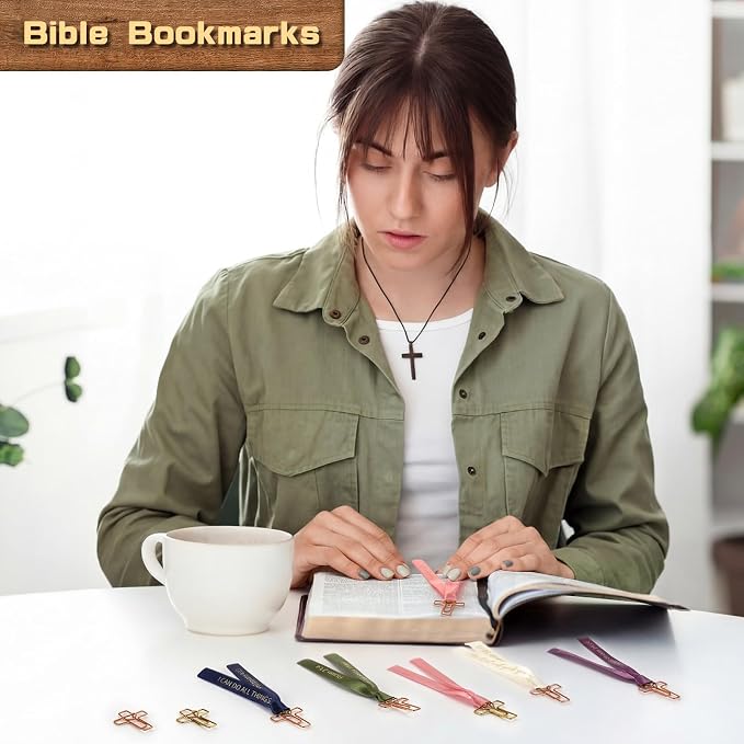 Resurhang 80 Pack Heart Cross Paper Clips with Ribbons 40 Gold, Rose Gold Bible Paper Clips 40 Christian Bookmark Ribbons Bible Study Journaling Supplies Easter Eggs Fillers Women Christian Gifts