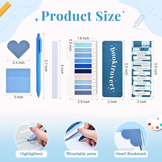 14 PCS Aesthetic Book Annotation Kit Large Checkered Pencil Case Book Lover Bookmark Dual Highlighters Gel Pens Study Supplies Stationary Set for Student Blue