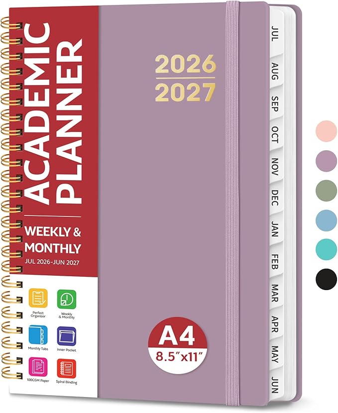 Planner 2026-2027 for Women & Men, Academic Monthly and Weekly Calendar Planner, Jul 2026 - Jun 2027, A4 (8.5" x 11"), Teacher Student Planning Book with Tabs, Ideal for Office School Supplies - Boho Purple