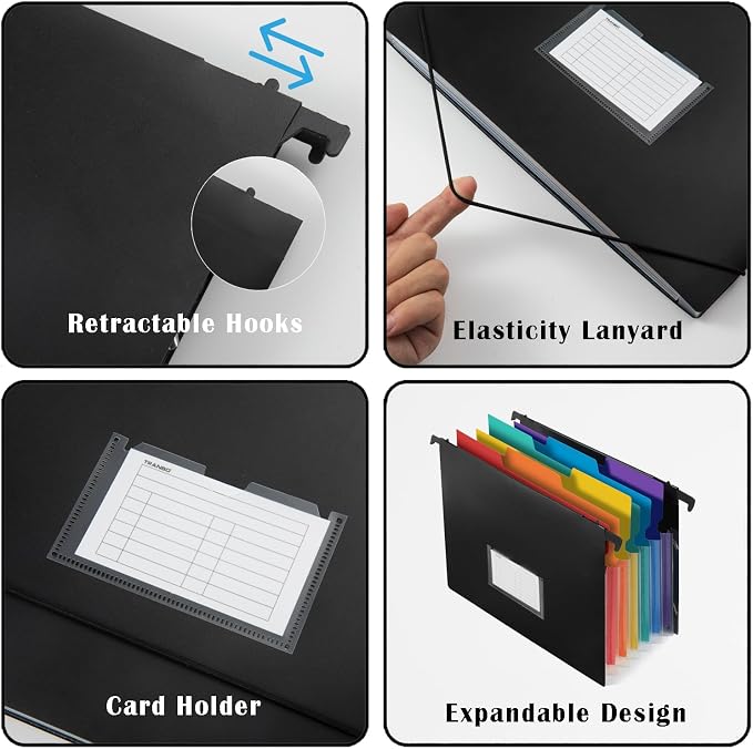 7-Pockets Hanging File Folder with Retractable Hooks for Filing Cabinet, Letter Size Expandable Accordion File Organizer with Elastic Band for File Frame or On-The-Go Use (6 Pack)