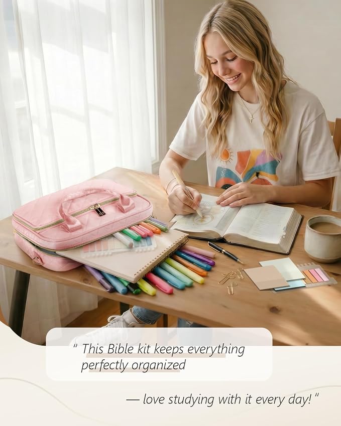All-in-One Bible Journaling Kit – Quilted Bible Cover Case for Women, 31 Highlighters, 75 Tabs, Bible Study Supplies & Christian Gift for Women and Teens (Shoulder Strap, Grayishi Blue)