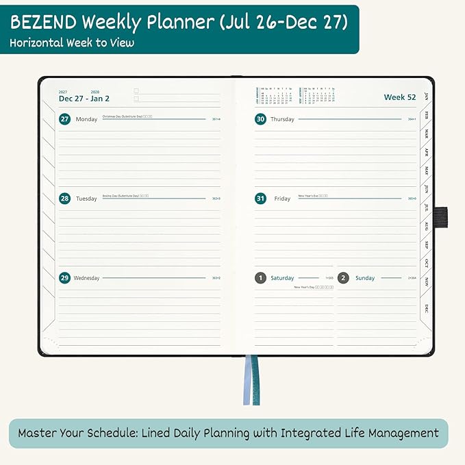 BEZEND Weekly Planner 2026-2027 (6" x 8.5") Horizontal Layout Notebook (Jul 26-Dec 27) 18 Months Academic Calendar & Monthly Tabs, Ideal for Students, Work & Home, PU Leather Hardcover -Gray