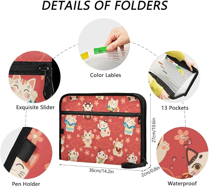13 Pockets Expanding File Folder Japanese Maneki Cats Red with Sticky Labels Accordion File Folder Document Organizer Letter Size A4 Papers Expandable File Keeper