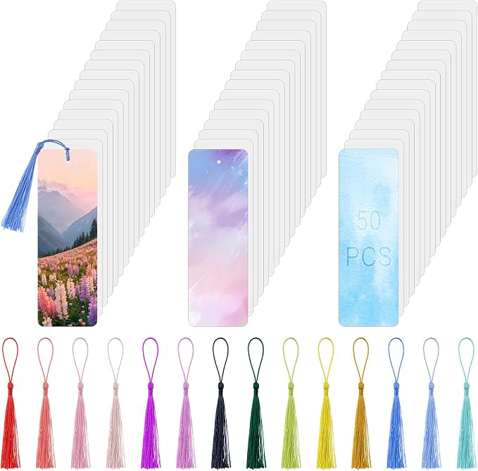 50 Pcs Sublimation Bookmark Blank Bulk DIY Bookmarks with Colorful Tassels, 2x6 Inch White Cardstock Blank Bookmarks for Custom Heat Transfer Crafts and Personalized Gifts