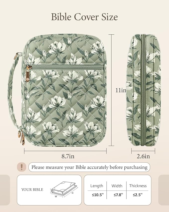 BellaHold Bible Cover Case for Women, Large Bible Bag with Detachable Strap & Bible Study Supplies, 12 Highlighters, 6 Colored Gel Pens & 75 Bible Tabs, Christian Gifts for Women (Sage Green Floral)