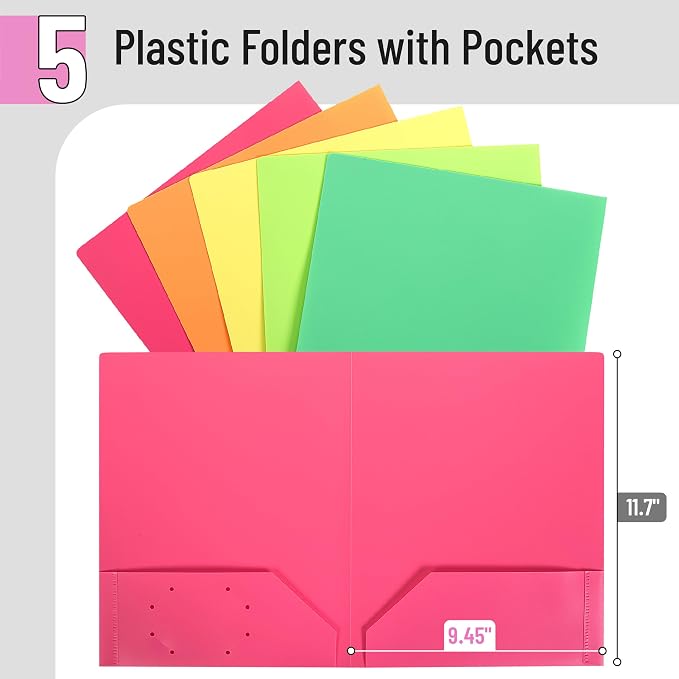 Mr. Pen- Plastic Folders with Pockets, 5 pcs, Aesthetic File Folder with Business Card Slot, 2-Pocket Folder, Back to School, Office, Filing Supplies