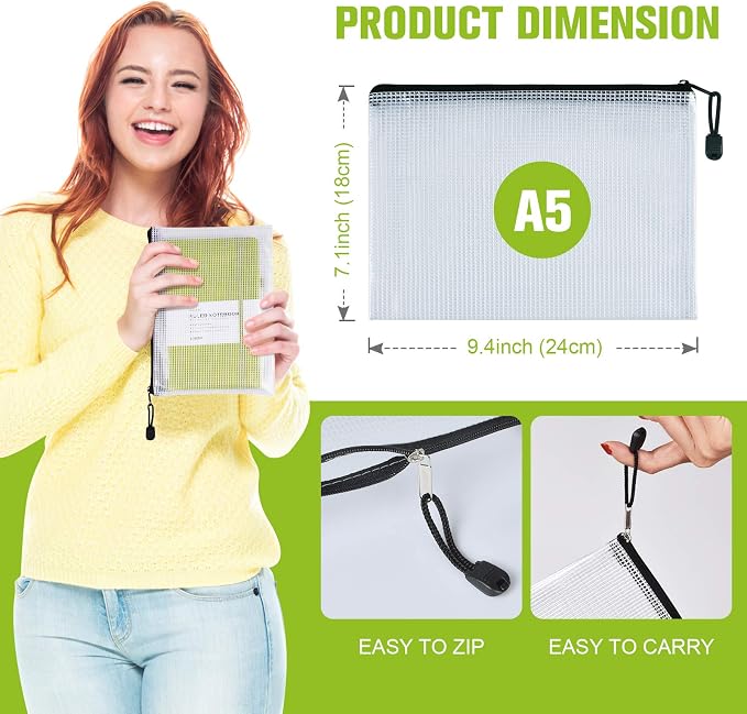 12 Pcs Plastic Mesh Zip File Bags, Waterproof Tear-Resistant Document File Folders, A5 Size Zipper Documents Pouch Document Organizer Bags for School Office Home Travel Storage(9.4×7.1Inch)