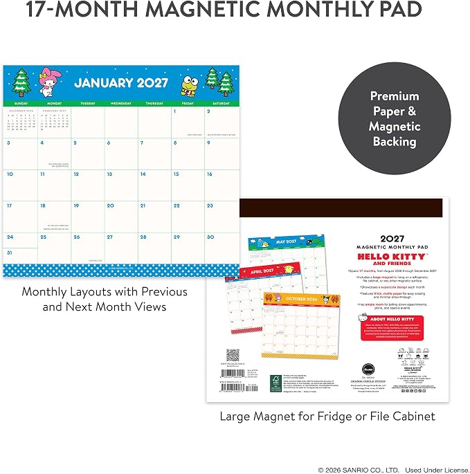 Orange Circle Studio 2027 Hello Kitty and Friends Magnetic Monthly Calendar Pad, 17-Month Full Color Character Calendar for Office Desk & Refrigerator, Wall Planner, 9.6" x 8.5", Tear-Off Pages Sheets