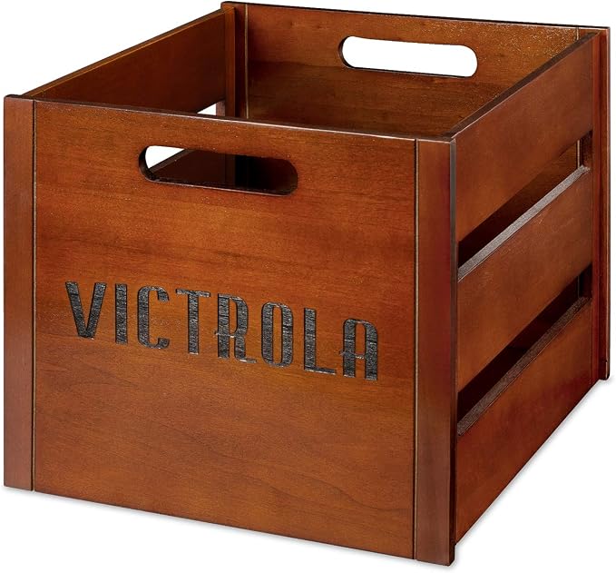 Victrola Wooden Record Crate – Tabletop Vinyl Album Holder, No-Tool Assembly, Holds Over 50 Records, Real Wood Construction, Elegant Design (Wood)