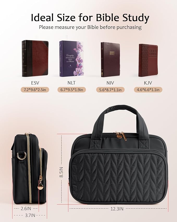 BellaHold Bible Cover Case for Women, Large Bible Bag with Study Supplies, Bible Journaling Kit with Highlighters and Pens No Bleed, Christian Gift for Women (Shoulder Strap, Black)