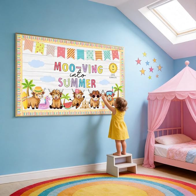 Summer Bulletin Board Set Highland Cow Bulletin Board Classroom Decorations Mooving Into Summer Cutouts for Teacher Classroom School Office Chalkboard Wall Library Window Home Decor