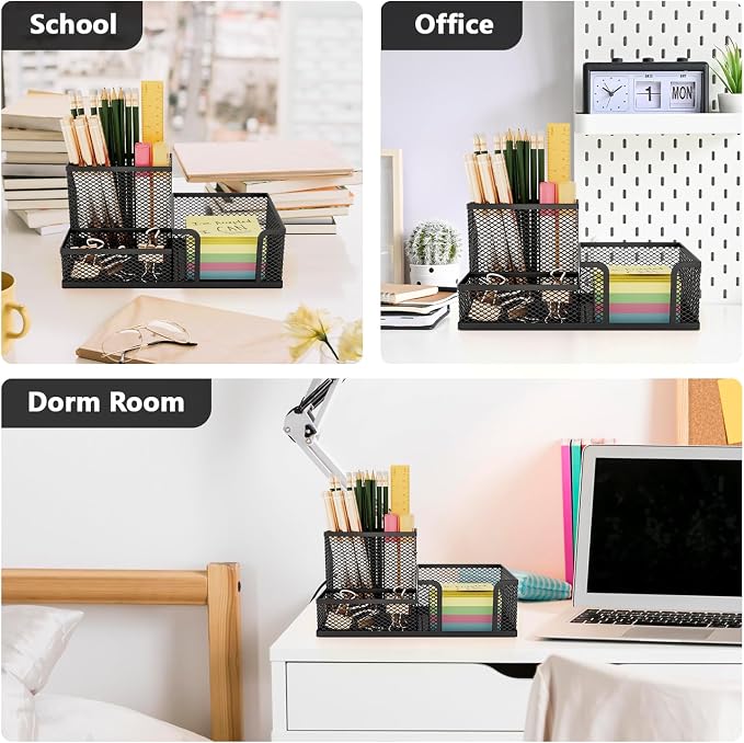 Mesh Pen Holder for Desk 3 Compartment Desk Organizer for Pens Pencils Sticky Notes Office Accessories