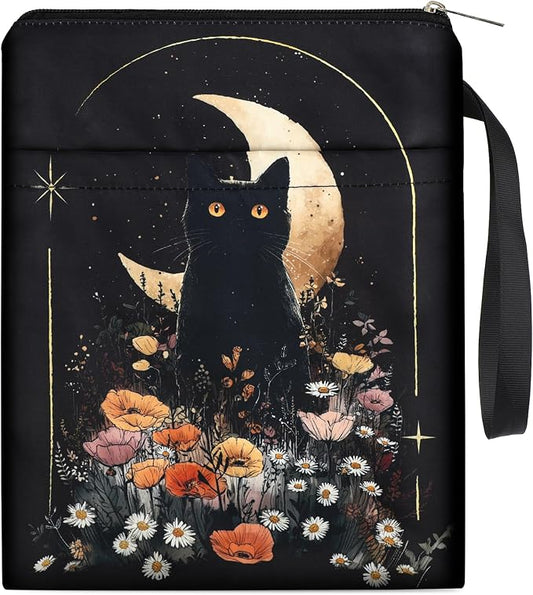 Book Sleeve with Zipper - Black Cat Books Cover Protector for Paperbacks Flower Moon Waterproof Bookish Pouch Reader Librarian Accessories Halloween Christmas New Year Gifts for Bookworms