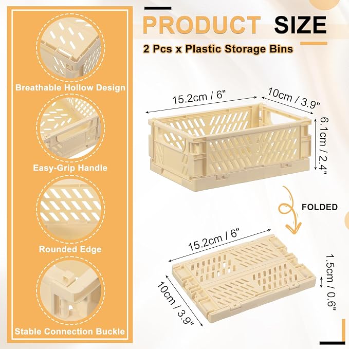 uxcell 2Pcs Small Plastic Storage Baskets, 6 x 3.9 x 2.4 Stackable Foldable Storage Bins with Handles Collapsible Crates for Home Office Shelves Closet Books Organizing, Cream White
