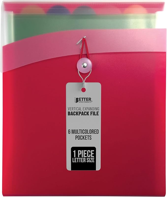 Vertical Expanding 6 Pocket Backpack File by Better Office Products, 1 Piece, Letter Size, for Easy Backpack Access, Multicolored Pockets and Tabs, Asst'd Colors, Color Will Vary - Red, Blue, or Black