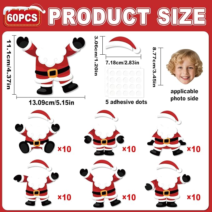 60Pcs Christmas Santa Claus Cutouts Bulletin Board Decoration Christmas Santa Claus DIY Photo Craft Cutouts Xmas Holiday Classroom Supplies for Teacher Student Party School Home Chalkboard Wall Decor