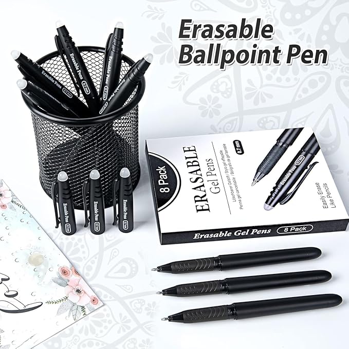 Erasable Pens Rub Out 0.5mm Erasable Gel with Built-in Erasers, Heat Friction Writing Pens for Adults, School & Office Supplies (8 Assorted black pens)