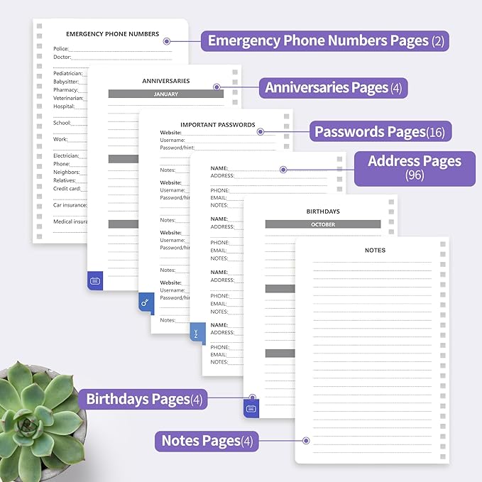 Address Book with Alphabetical Tabs-Address and Password Book for Seniors - Hardcover Spiral Bound Phone Book- Record Contacts, Website Login Passwords, Special Days -5.7" x 7.7", Purple