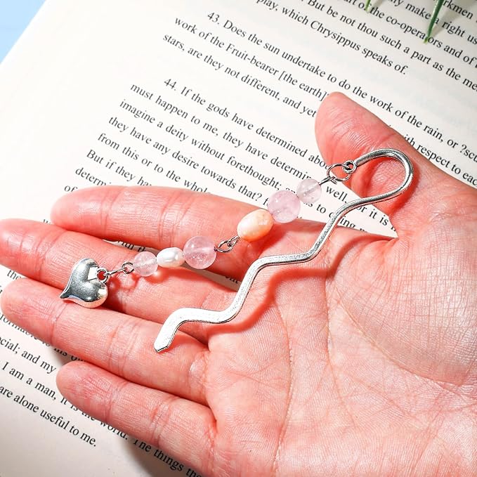 Vintage Metal Heart Pendant Bookmark with Natural Crystal Bead Chain–Elegant Bookmarks for Women,Men,Book Lovers,Teachers and Students(Rose Quartz)