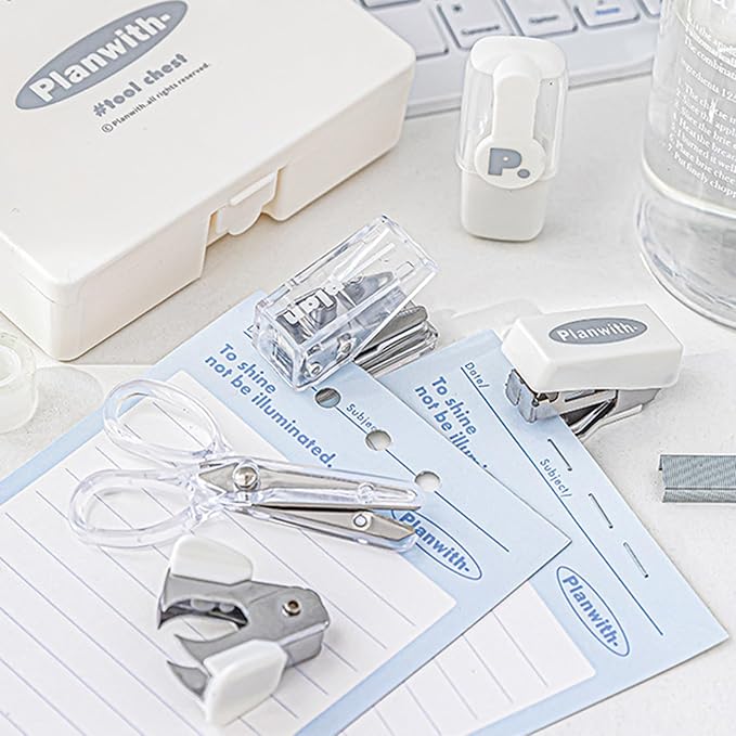8Pieces Tool Set Includes Paper Hole Puncher Stapler Staple Scissors Staple Remover Marker Clear Adhesive Tape Scrapbook Photo Album Expansion Tool