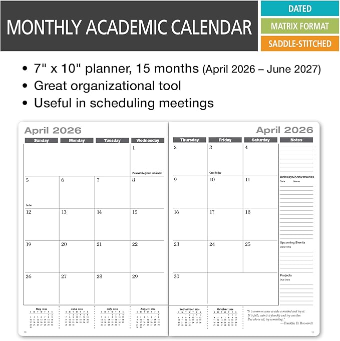 Elan Publishing Company Academic Calendar - 15 Months (April 2026 - June 2027) 7" X 10" Saddle-Stitched Dated for 2026-2027 Academic Year (Black)