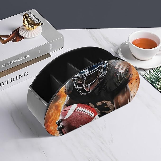 Cool American Football Remote Control Holder with 5 Compartments, PU Leather TV Remote Caddy, Desk Organizer for TV, Game Controllers, Office Supplies