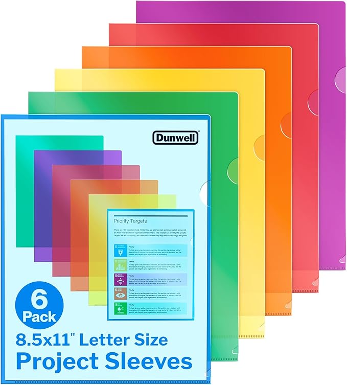 Dunwell Clear Plastic Folders for Documents (6 Pack, Assorted Colors) - Letter Size Plastic File Folder Sleeves 8.5x11 - Durable & Tear-Resistant Poly Document Folder Jackets for School, Office & Home