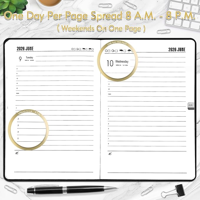 KESOTE 2026 Daily Hourly Planner - One Page a Day, 2026 Diary 5.7 x 8.3" Hardcover Monthly Agenda 12 Month A5 College Notebook Planner, Black