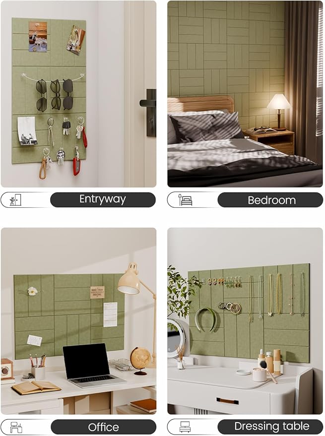 Fluxynara Felt Bulletin Board Tiles -28"x18" with 40 Adhesive Tabs, Cork Board Alternative for Office Decor, Push Pin Board Wall Organizer 6-Pack(Olive Green)