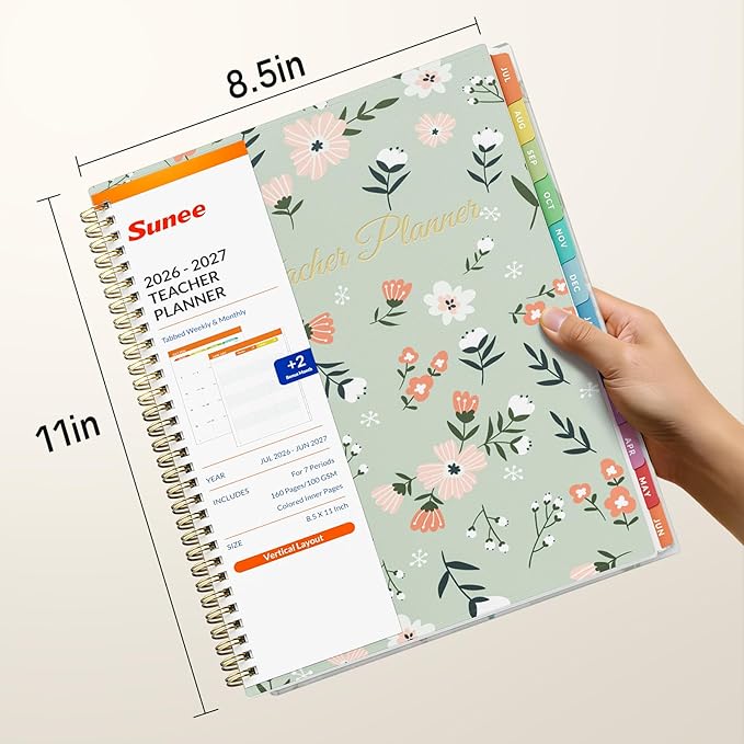 SUNEE Teacher Planner 2026-2027 Academic Year, 7 Periods Lesson Plan Book Jul 2026 - Jun 2027, 8.5"x11" Weekly Monthly Organizers Vertical Layout with Calendars, Bookmark, Waterproof Cover, Wildflower