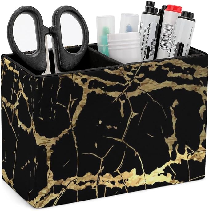 Pen Pencil Holder Gold Marble Black in PU Leather, Multi-Functional Pencil Container with Anti Slip Bottom for Home Office, Square Pen Holder