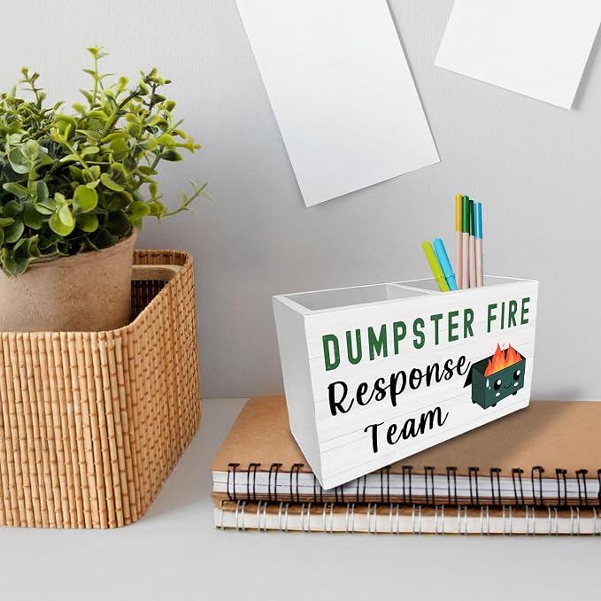 Funny Dumpster Fire Pen Holder for Desk, Dumpster Fire Response Team Wooden Box Sign Desk Decor for Office Decoration, Sarcastic Office Pencil Organizer, Funny Coworker Gifts