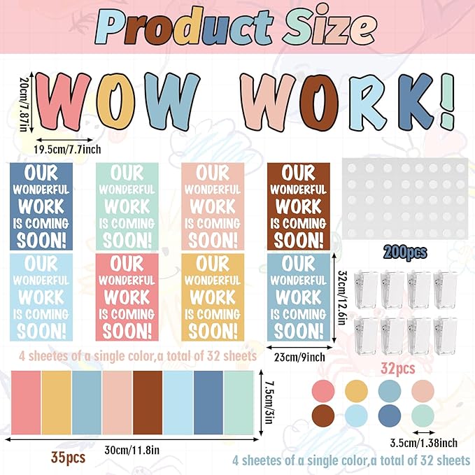 Mooliwe 139 Pcs Student Work Display Bulletin Board Decoration Set Colorful Wow Works Cutouts with Clips Names Display Classroom Wall Decor for Teachers Back to School Supplies(Morandi,Elegant)