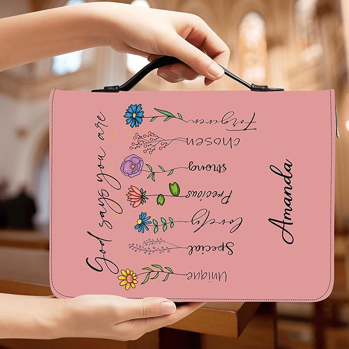 Custom Leather Bible Cover with Name – Personalized Bible Case for Women, Zippered with Handle, Bookmark & Storage Pockets, Christian Gift for Mom, Daughter, Grandma (God Says You are, M-2XL)