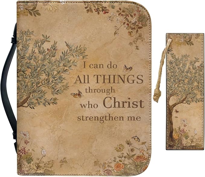 Vintage Style Olive Tree Bible Case with Bookmark Waterproof Bible Cover Case for Women Lightweight Bible Bag with Handle Pockets Church Book Bag Brown