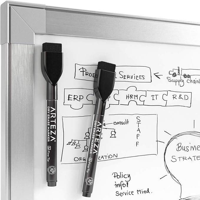 ARTEZA Black Dry Erase Markers with Erasers – Pack of 36 Magnetic Fine Tip Whiteboard Pens with Low-Odor Ink for Office & Home Use