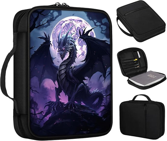 Bible Cover, Dragon Moon Bible Case with Handle and Zippered Pocket Standard Size Holy Bible Bag Women Gifts, Church Bag Portable Bible Carrying Book Case for Bible Study