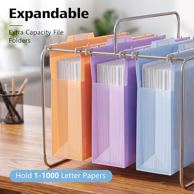 Plastic Extra Capacity Hanging File Folder Folders, 4" Expansion Hanging Organizer Designed for Bulky Files,Letter Size, Retractable Hooks,Movable Dividers, Insertable Tabs, 6 Pack