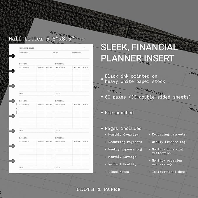 Cloth & Paper Financial Planning Inserts – Half Letter, 8-Disc Planner Refill – 60 Pages (30 Double-Sided) for Budgeting, Savings, Recurring Payments & Expense Tracking – Minimalist Finance Organizer