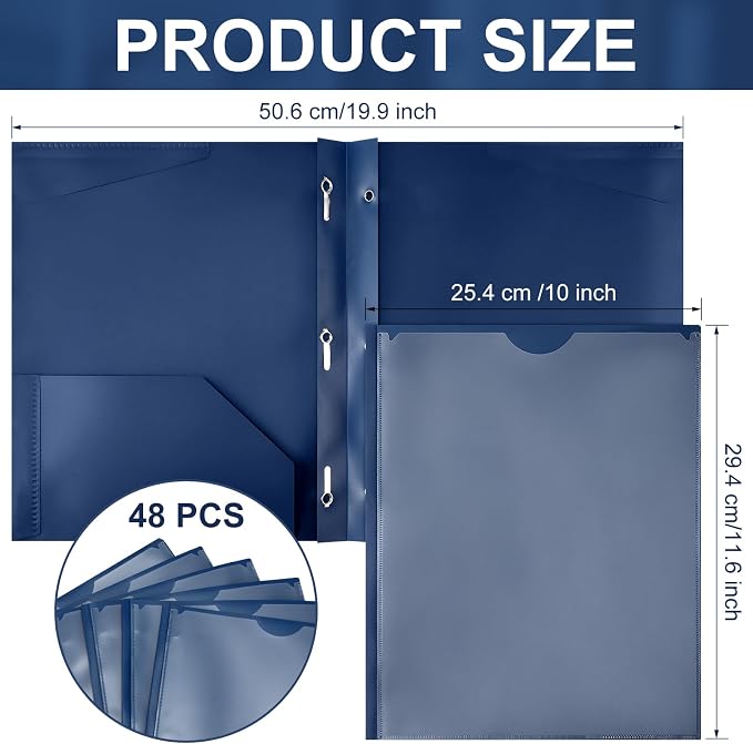 Tenceur 48 Pack Plastic Folders with 3 Prongs Bulk Heavy Duty Folders with Clear Front Pockets and Card Slots with Fasteners Fit Letter-Size Papers for Work School Office (Navy Blue)