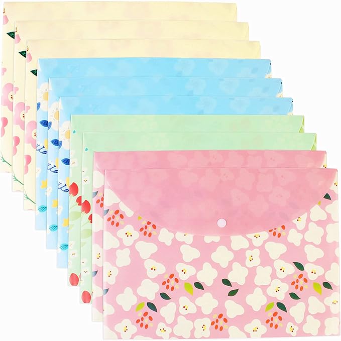 10 pcs Style Floral Printed A4 Paper Document File Folder Poly Envelopes Document Organizer Booklet File Paper Folders with Snap Button 4 Color (4 Color, A4)