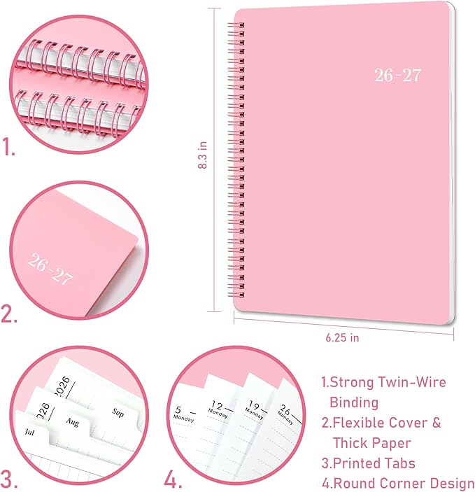 Planner 2026-2027- 2026-2027 planner weekly and monthly, Jul. 2026 - Jun. 2027, 6.25" x 8.3", Flexible Cover, A5 Thick Paper, Twin-Wire Binding - Pink