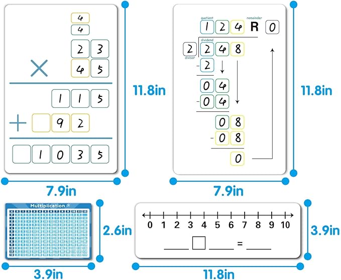 Set of Dry Erase Addition, Subtraction, Multiplication, and Division Practice White Board, Mathematics Board with a 4" x 2.5" Multiplication Chart Board for Kids Students, Classroom and Home
