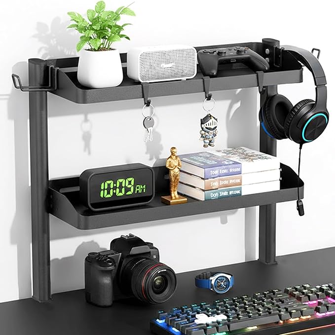 Clamp on Desk Shelf, 17in 2-Tier Office Desk Shelves Organizer, Small Shelf for Top of Desk with Headphone Holder and Hooks, Desktop Storage Rack for Home Workspace, Study Rooms, Gaming Accessories