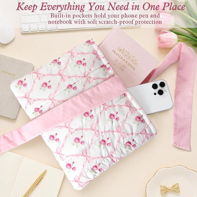 XKDOUS Quilted Cotton Bible Case for Girls and Women, Machine Washable Bible Book Cover with Large Capacity Pen Bag, Soft Cute Bible Carrying Bag with Bow Fits Most Standard Bibles, Sweet Rose