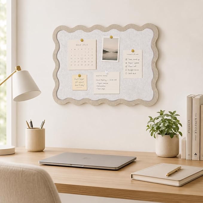 Scalloped Felt Bulletin Board, Sized 24" x 18" Felt Cork Board Alternative for Office & Wall Decor, Customizable Adhesive Tiles with Pins Hooks for Photo Display School Home Office, Oatmeal