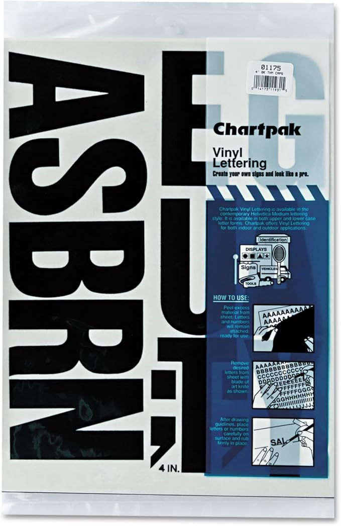 Chartpak 01184 Press-On Vinyl Uppercase Letters, Self Adhesive, Black, 6-Inch h, 38/Pack
