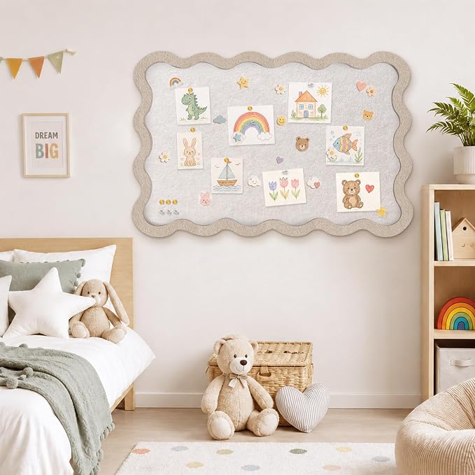 Scalloped Felt Bulletin Board, Sized 36" x 24" Felt Cork Board Alternative for Office & Wall Decor, Customizable Adhesive Tiles with Pins Hooks for Photo Display School Home Office, Oatmeal