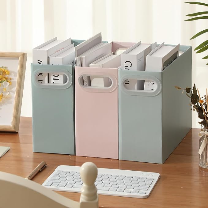 PerKoop 3 Pcs Morandi Color Hanging File Organizer Collapsible Cardboard File Box with Handle and Labels Pastel Hanging Folder Organizer Letter Size for Student Teacher Office Classroom (3 Colors)